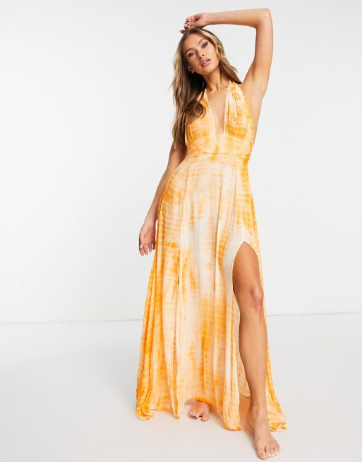 ASOS DESIGN deep plunge maxi beach dress in orange tie dye