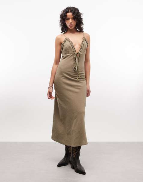 ASOS DESIGN deep plunge neck cami maxi sundress with ruffle trim in washed olive - view 1
