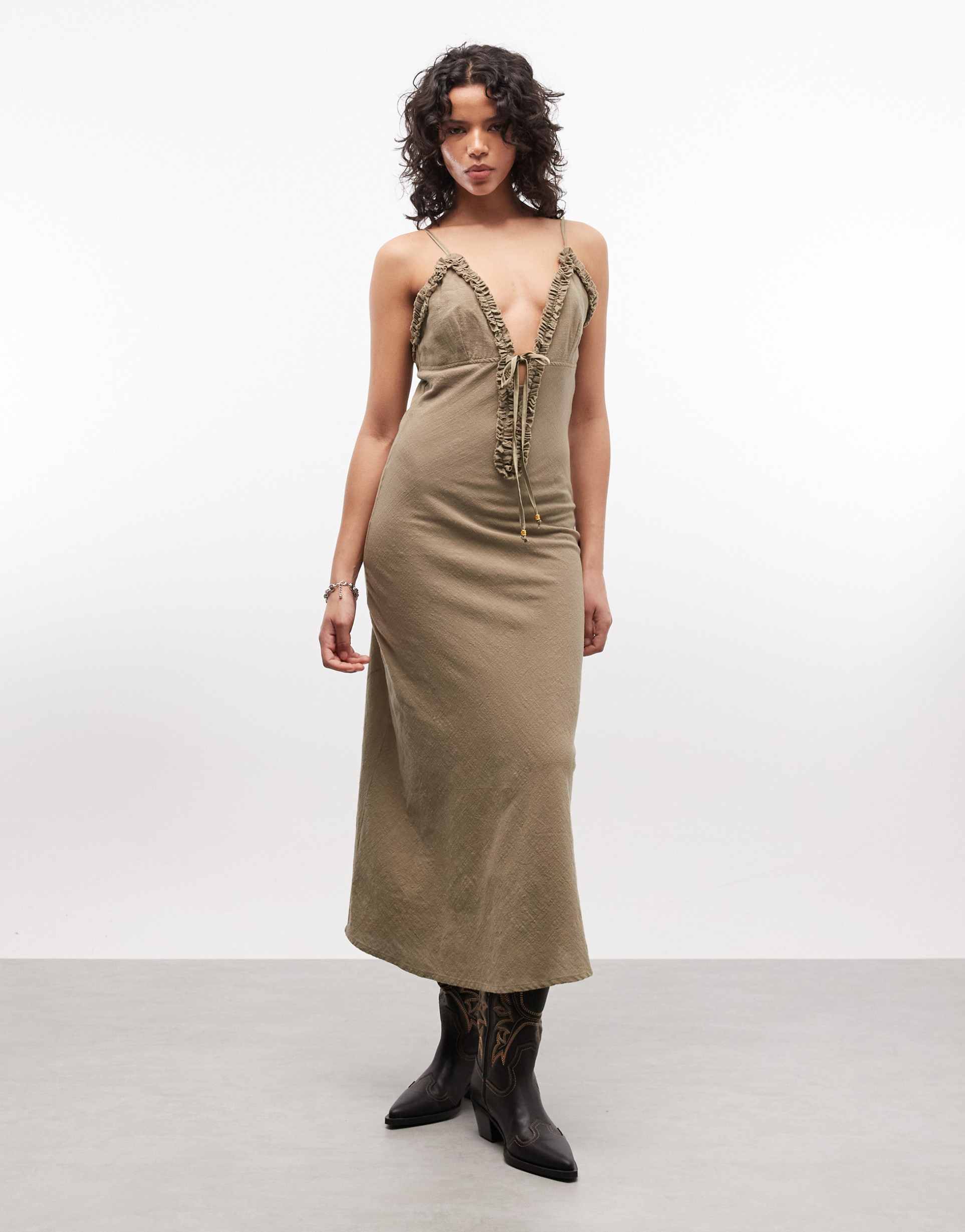asos design deep plunge neck cami maxi sundress with ruffle trim in washed olive