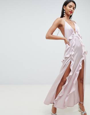 ruffle satin maxi dress