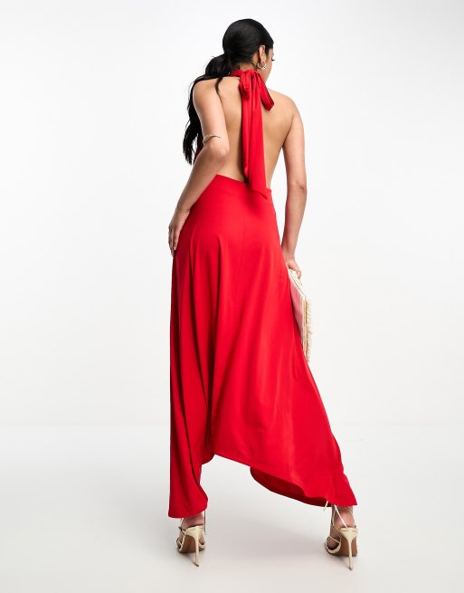 Espiral Womens Deep Plunging Dress-Open Back Halter Style-RED