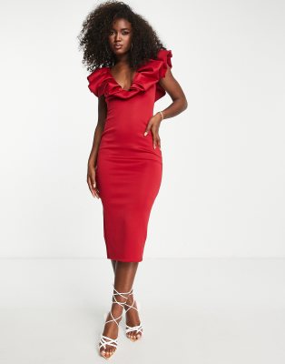 ASOS DESIGN deep plunge scrunch neck midi dress in red