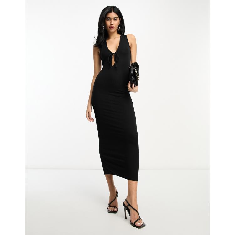 ASOS DESIGN deep plunge tie front midi dress in black