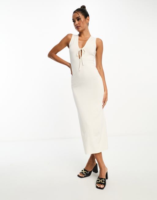 ASOS DESIGN deep plunge tie front midi dress in ivory