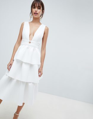 asos design deep plunge tiered midi prom dress