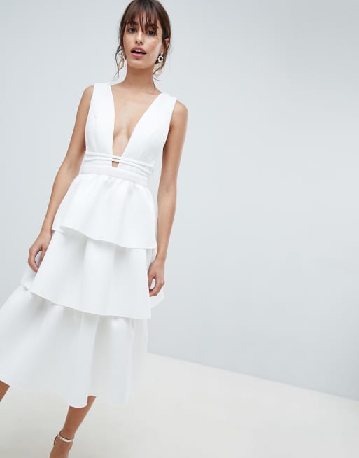 ASOS DESIGN deep plunge tiered midi prom dress