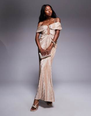 deep plunge with gold trim plisse midi dress in oyster-pink