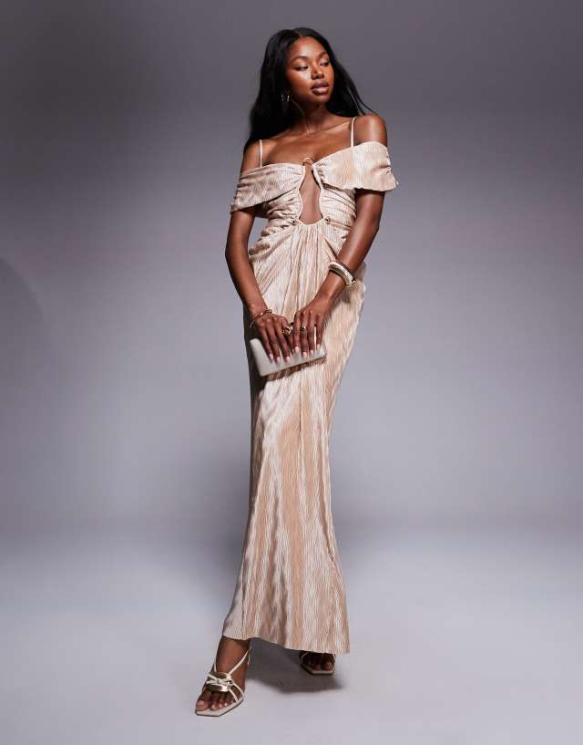 ASOS DESIGN deep plunge with gold trim plisse midi dress in oyster