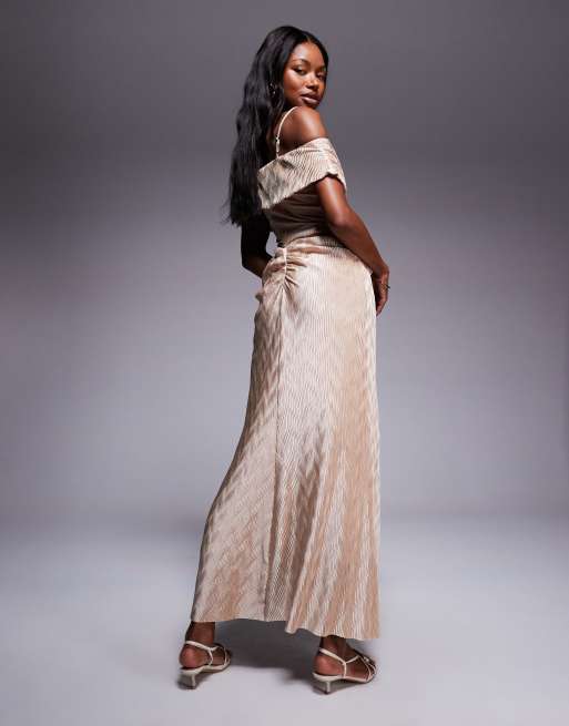 ASOS DESIGN deep plunge with gold trim plisse midi dress in oyster