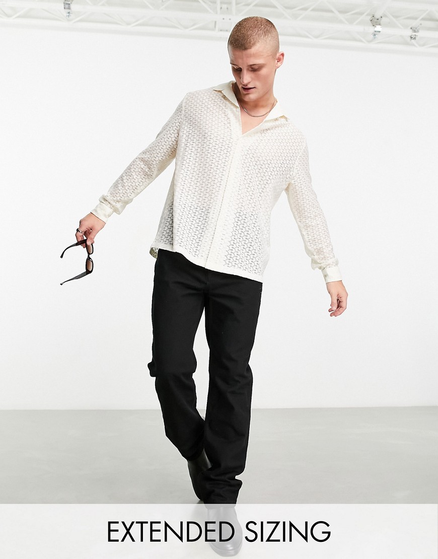 ASOS DESIGN deep revere crochet lace shirt in ecru-White