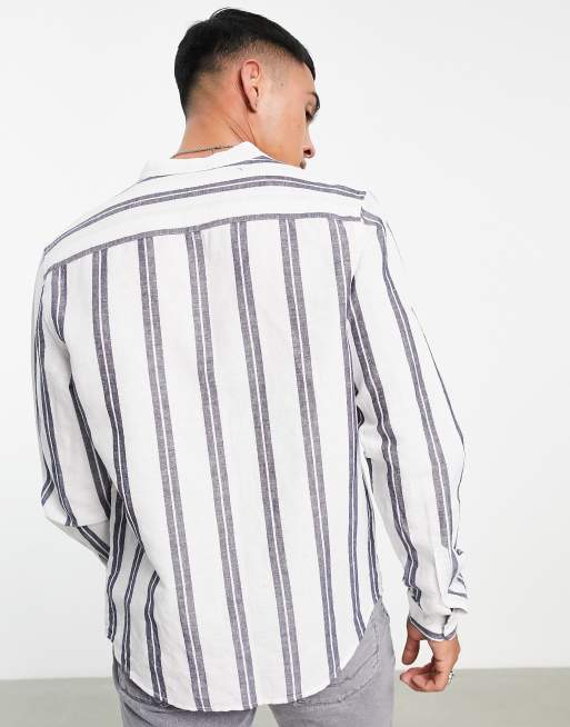 ASOS DESIGN deep revere grandad collar shirt in linen white and navy stripe, 2 of 4
