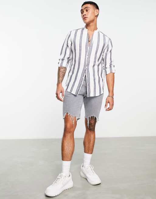 ASOS DESIGN deep revere grandad collar shirt in linen white and navy stripe, 3 of 4