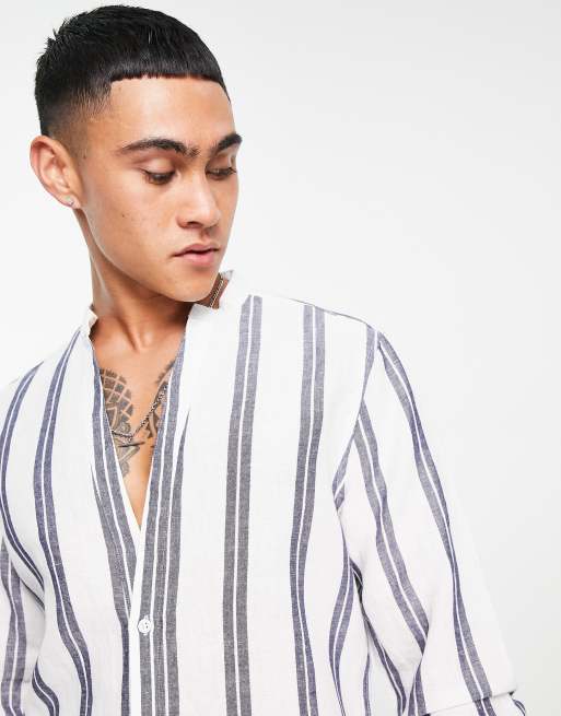 ASOS DESIGN deep revere grandad collar shirt in linen white and navy stripe, 4 of 4
