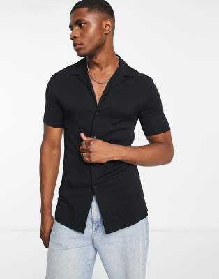 ASOS DESIGN deep revere muscle viscose shirt in black | ASOS