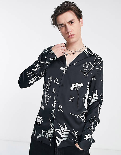 Men deep revere satin shirt in black and white floral 