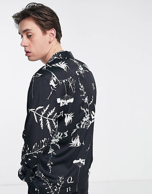  deep revere satin shirt in black and white floral 