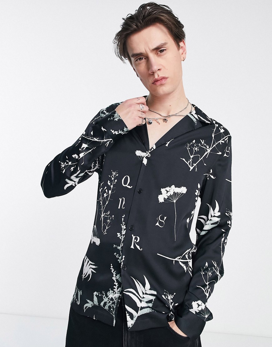 ASOS DESIGN deep revere satin shirt in black & white floral