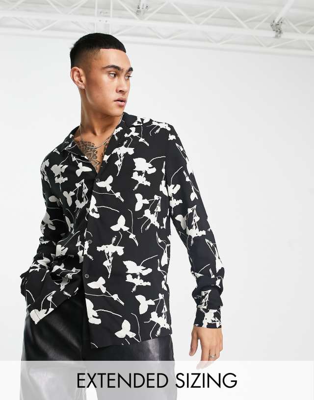 ASOS DESIGN deep revere shirt in black and white floral print