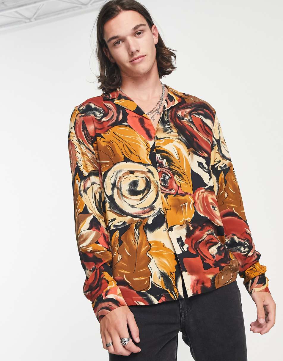 ASOS DESIGN deep revere shirt in brown vintage inspired print