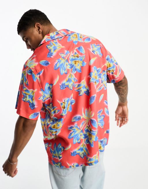 ASOS Design Deep Revere Shirt in Hawaiian Floral print-Multi