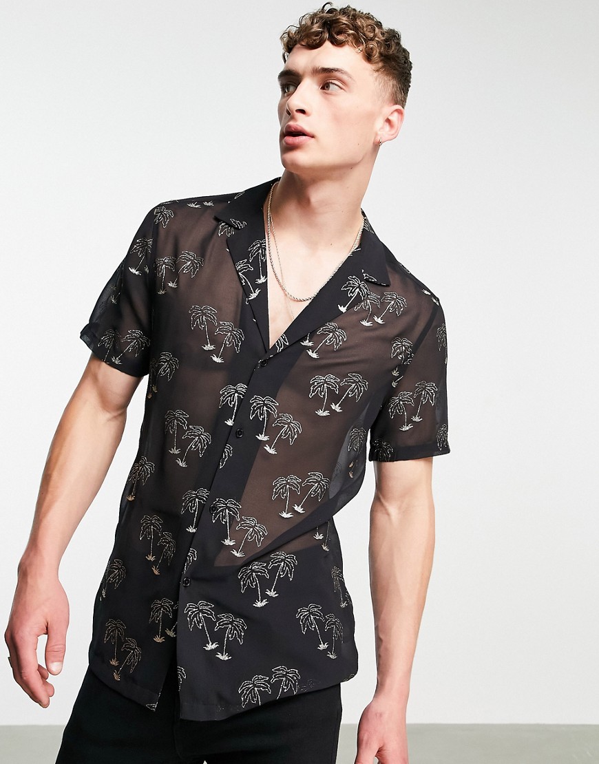 ASOS DESIGN deep revere shirt in sheer with sparkle palm print-Black