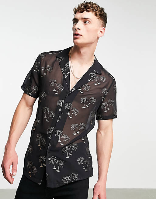 ASOS DESIGN deep revere shirt in sheer with sparkle palm print | ASOS