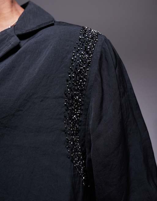 ASOS DESIGN deep revere shirt with embellishment in black, 3 of 4