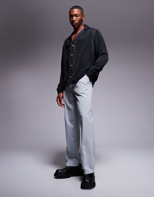 ASOS DESIGN deep revere shirt with embellishment in black, 4 of 4