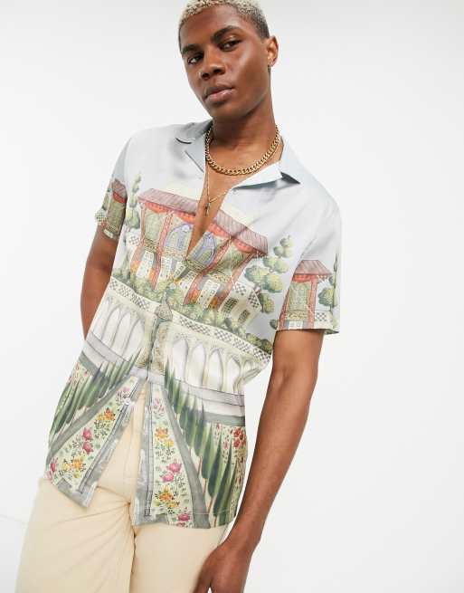 ASOS DESIGN deep revere shirt with palace scene print in satin | ASOS