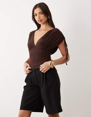 Asos Design Deep Ruched Off The Shoulder Top In Brown