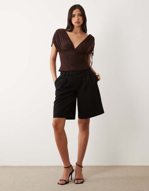 ASOS DESIGN deep ruched off the shoulder top in brown, 2 of 4
