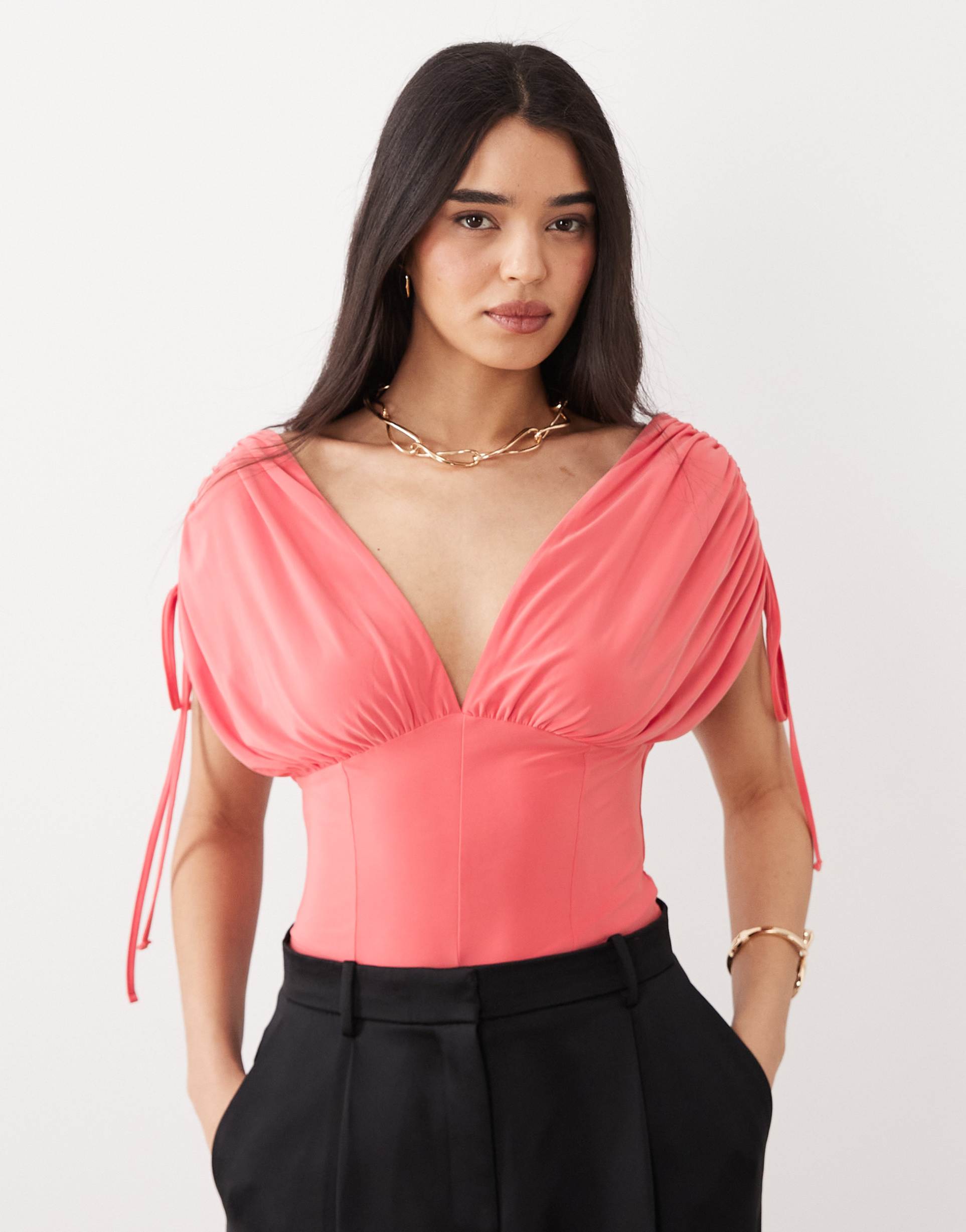 asos design deep ruched off the shoulder top in coral