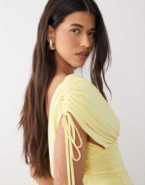 ASOS DESIGN deep ruched off the shoulder top in yellow - view 1