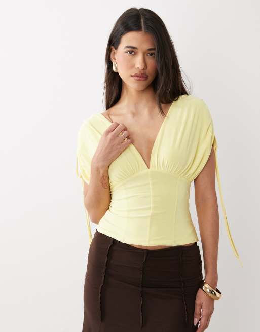 ASOS DESIGN deep ruched off the shoulder top in yellow, 2 of 4