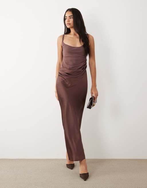ASOS DESIGN deep scoop neck maxi dress with asymmetric draped skirt overlay in chocolate, 2 of 4