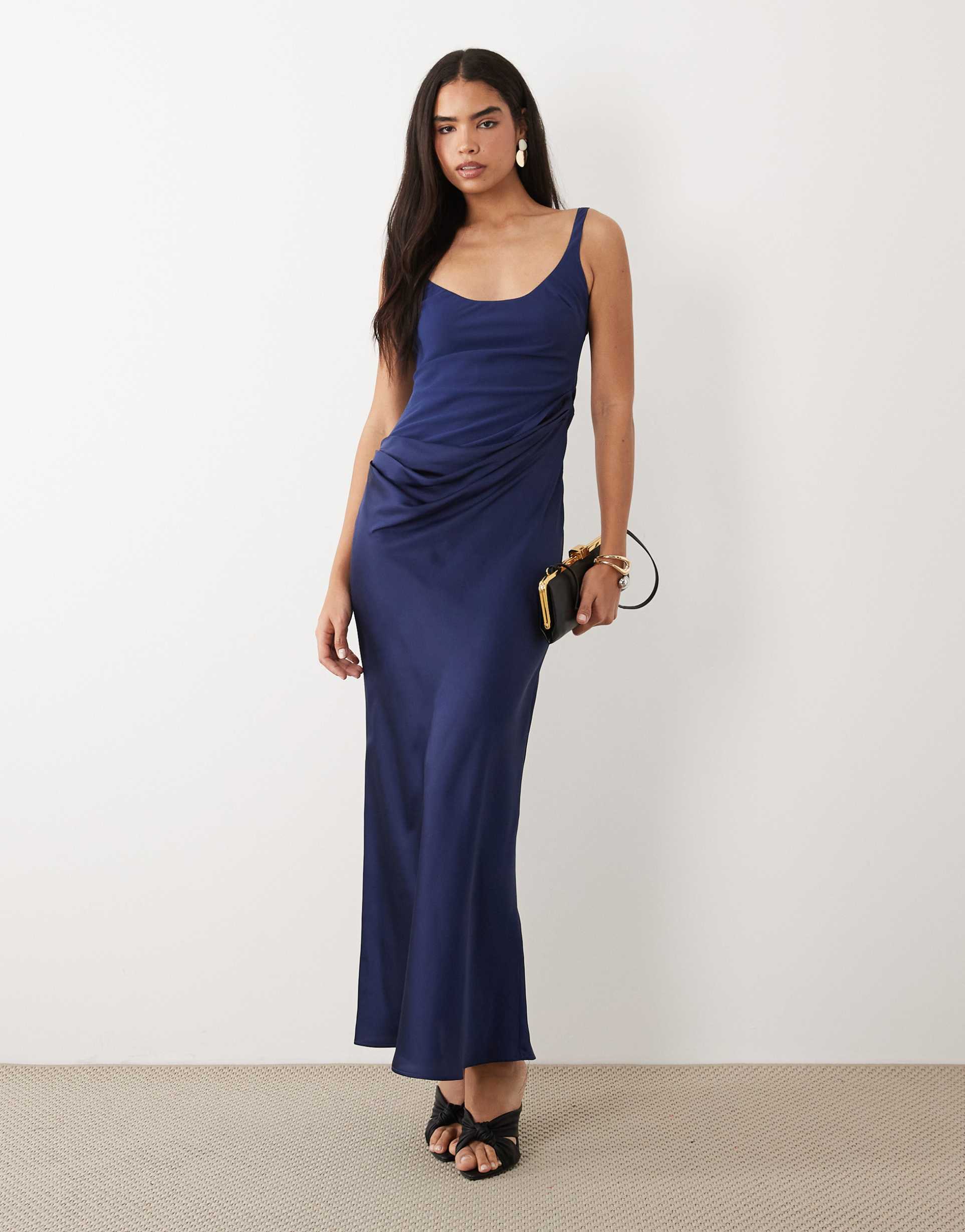asos design deep scoop neck maxi dress with asymmetric draped skirt overlay in navy