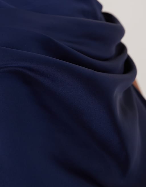 ASOS DESIGN deep scoop neck maxi dress with asymmetric draped skirt overlay in navy, 3 of 4