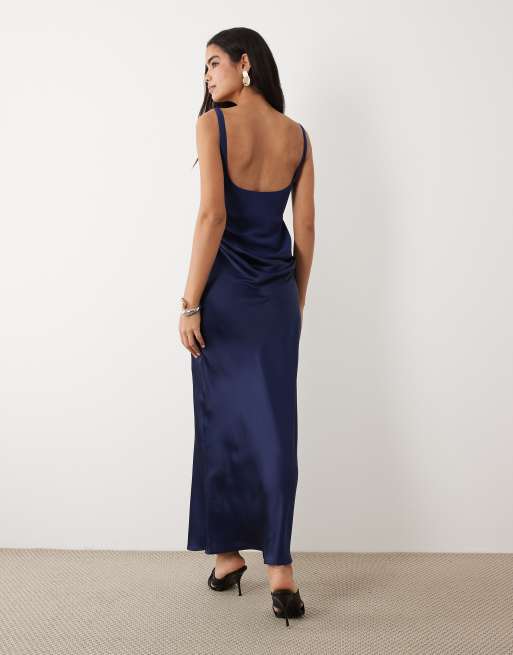 ASOS DESIGN deep scoop neck maxi dress with asymmetric draped skirt overlay in navy, 4 of 4