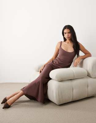 Asos Design Deep Scoop Neck Midaxi Dress With Asymmetric Draped Skirt Overlay In Brown