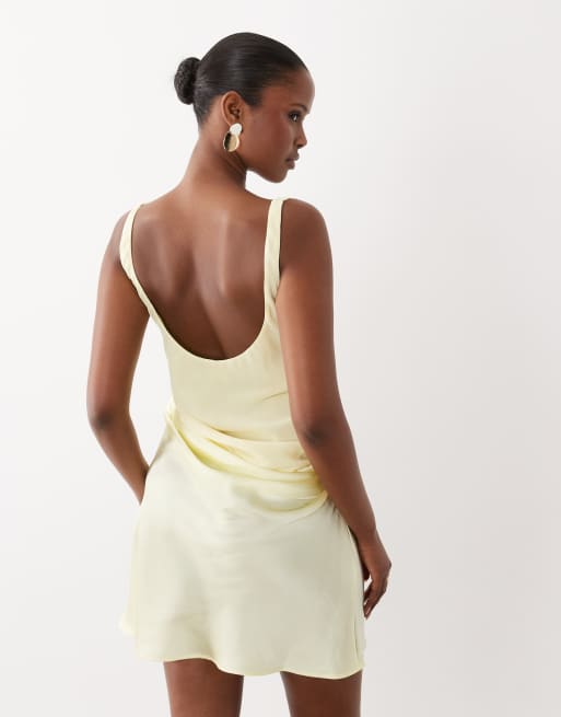 ASOS DESIGN deep scoop neck mini dress with asymmetric draped skirt in yellow, 4 of 4