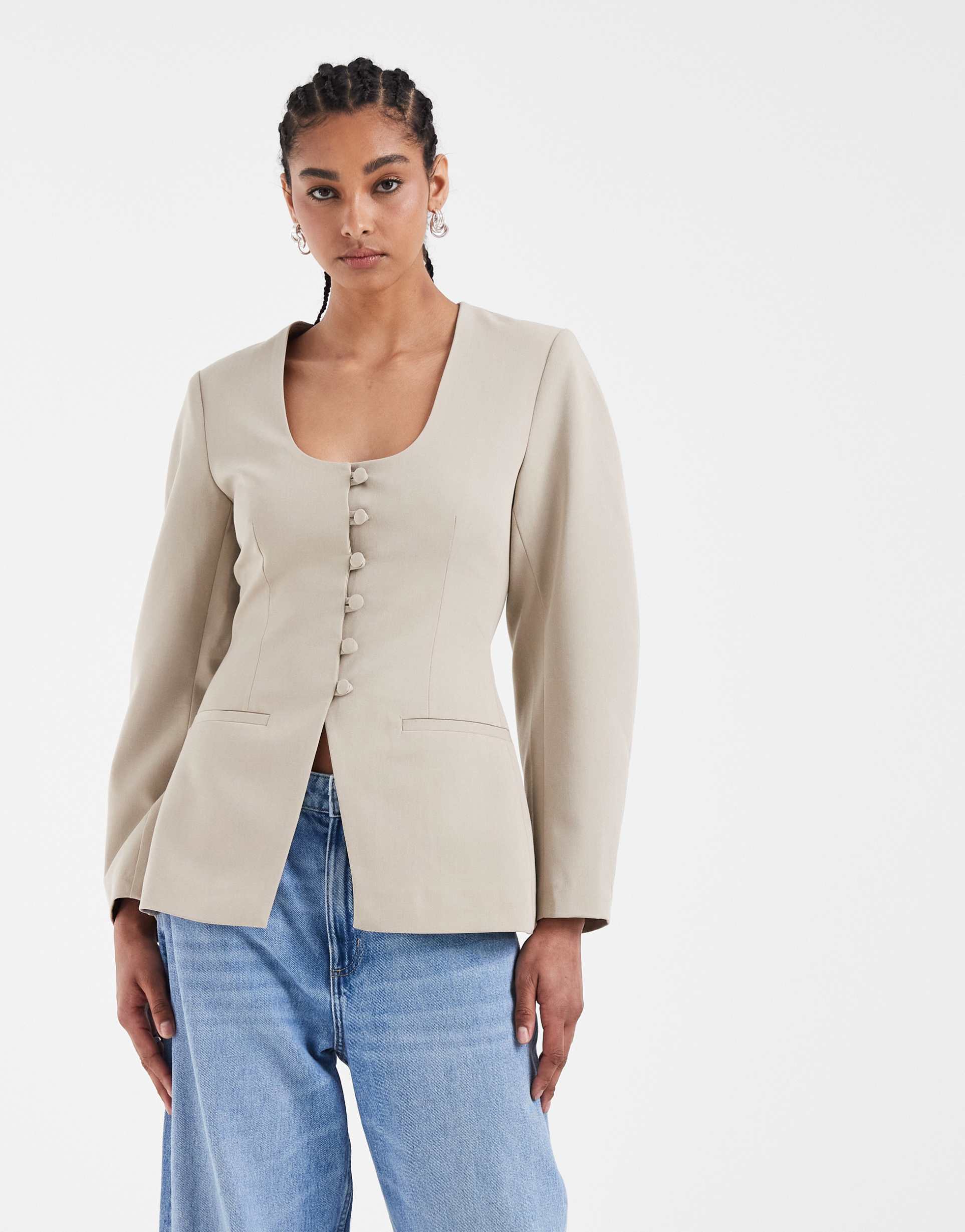 asos design deep scoop neckline cinch blazer in stone