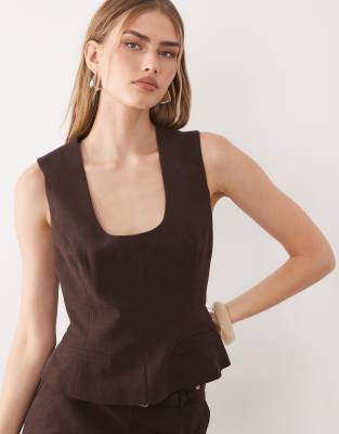 Asos Design Deep Scoop Neckline Tailored Top In-brown