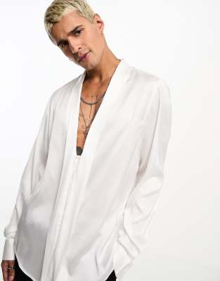 ASOS DESIGN deep shawl collar shirt with pussybow in white satin