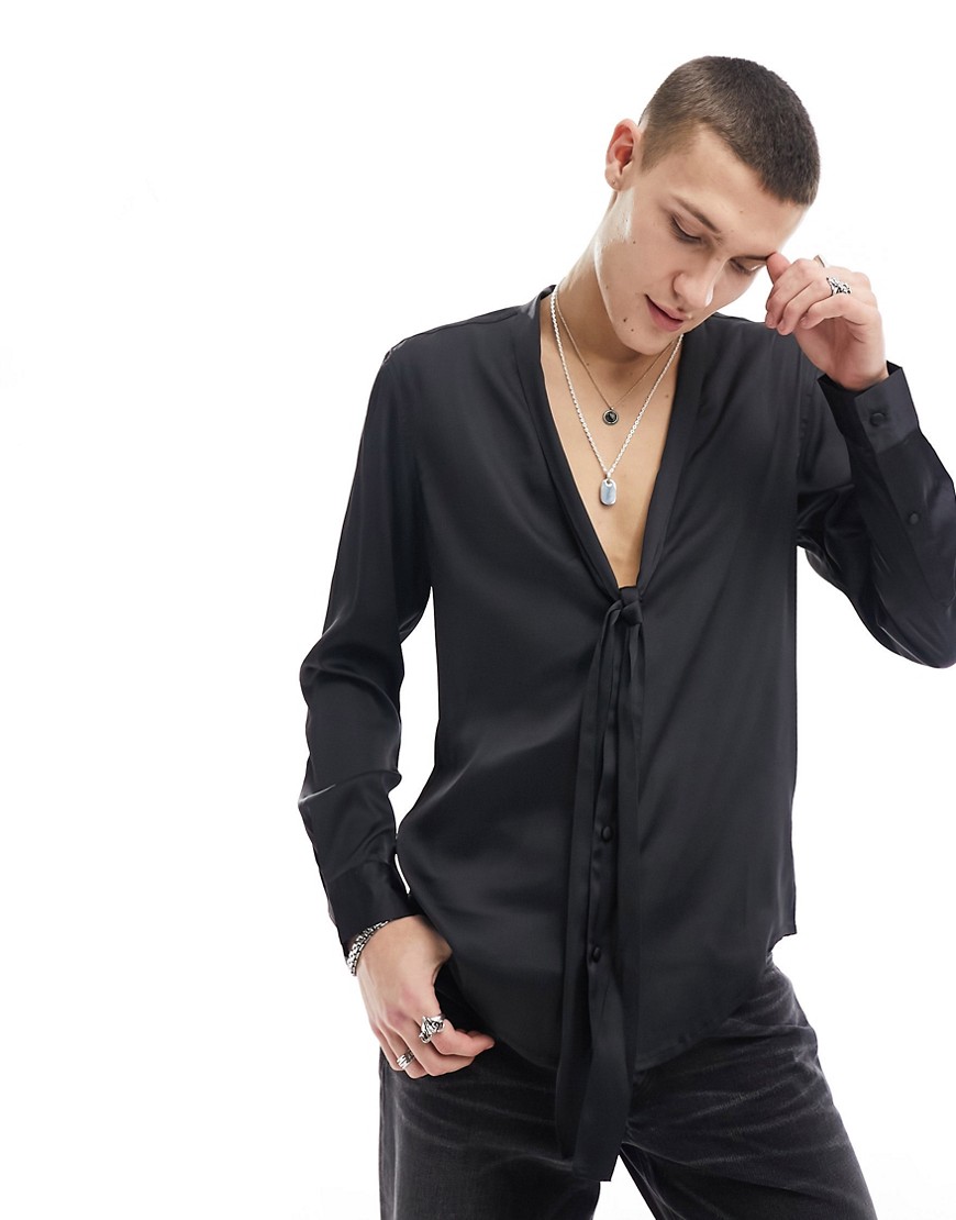 ASOS DESIGN deep shawl collar shirt with tie neck in black satin