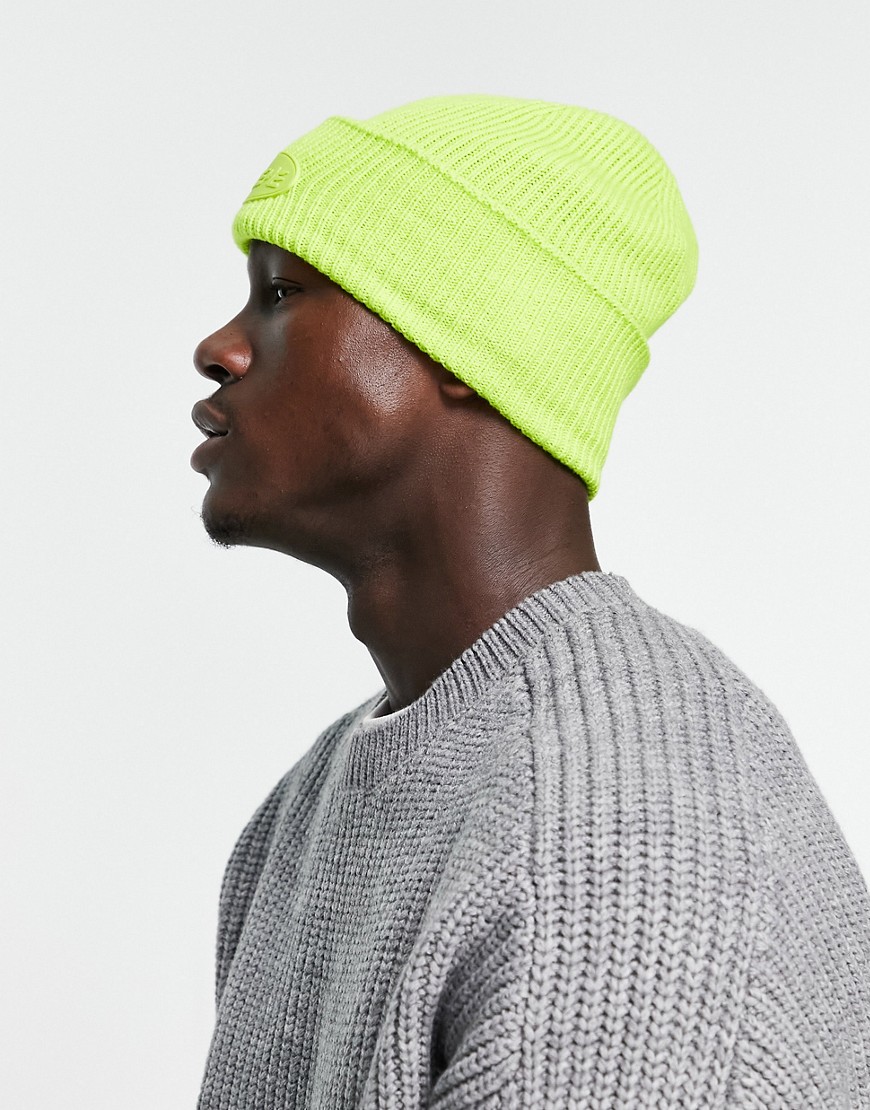ASOS DESIGN deep turn up beanie in neon lime with rubber patch-Green
