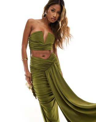 Asos Design Deep V-bar Bandeau Ruched Midi Dress In Khaki-green