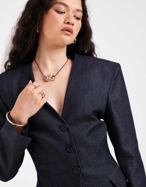 ASOS DESIGN deep V cinch blazer in indigo, 4 of 4