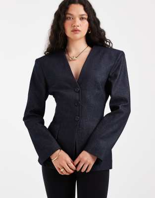 Asos Design Deep V Cinch Blazer-blue