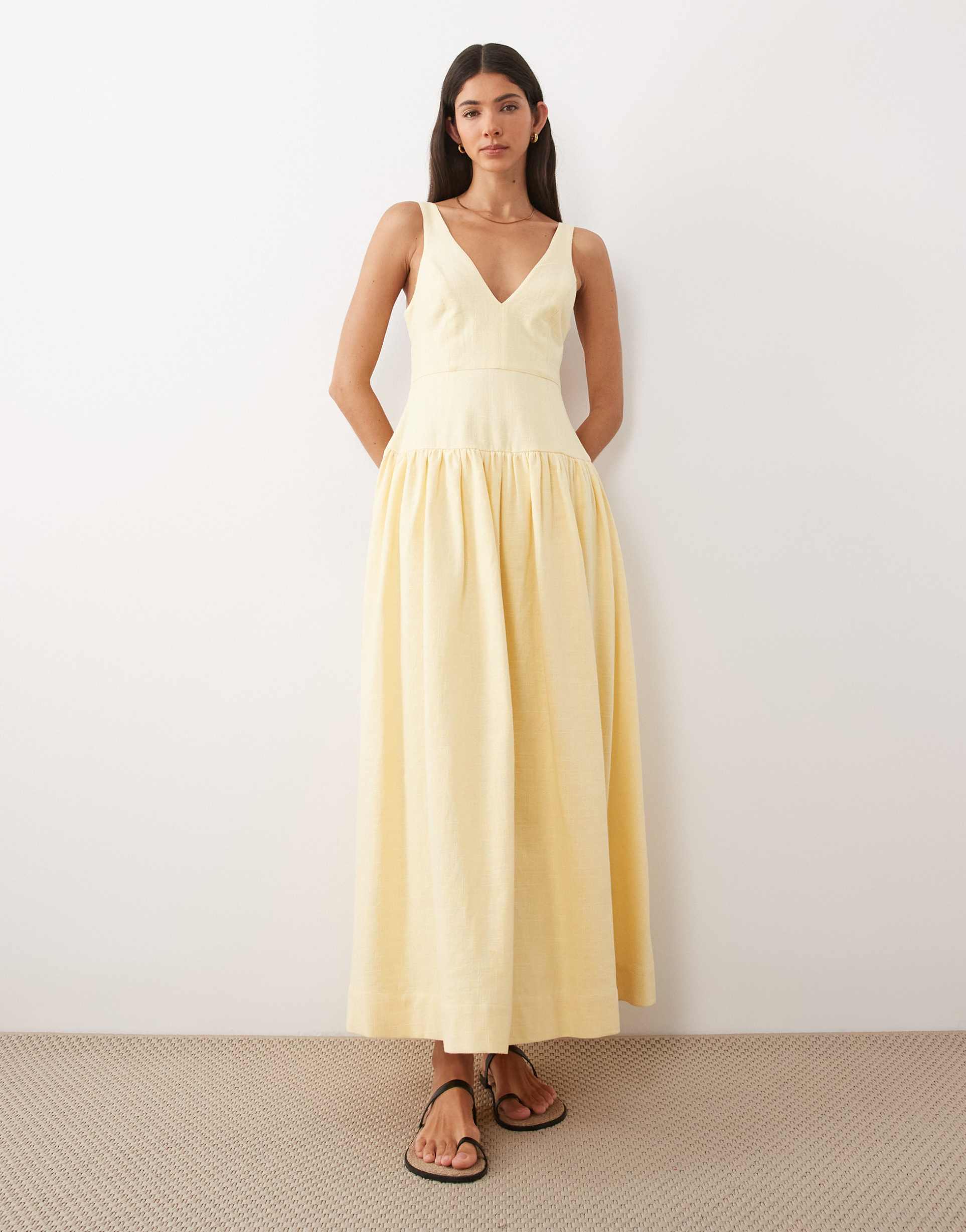 asos design deep v-neck dropped waist midaxi dress in lemon