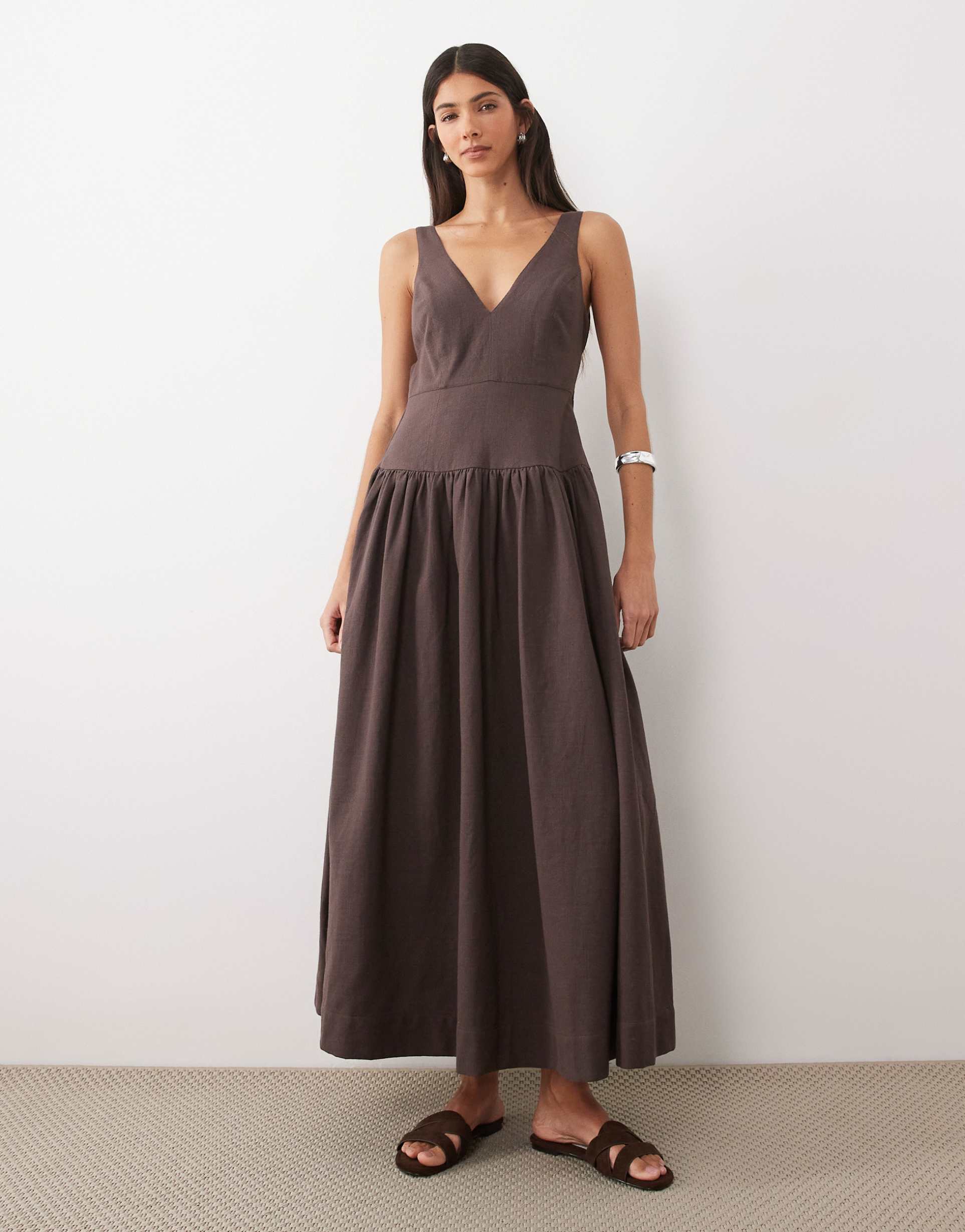 asos design deep v-neck dropped waist midaxi sundress in brown